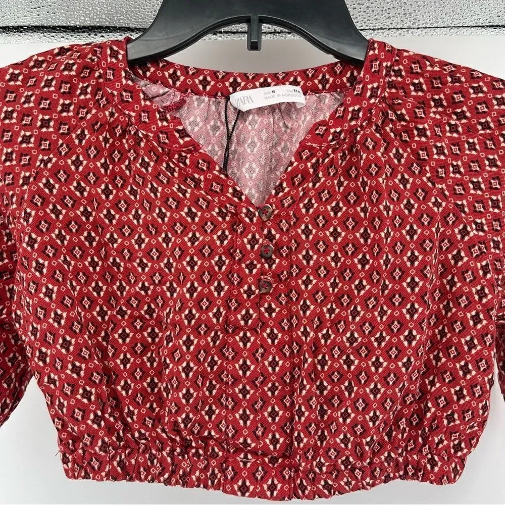 Zara Girl’s Red Abstract Aztec Print 100% Viscose Pullover Cropped Top Size 6